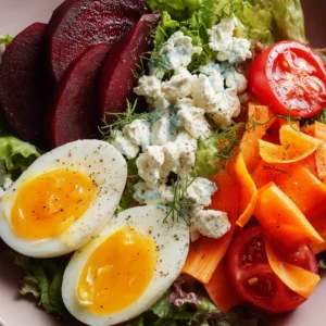 Kastellino Salatbowl mit Blattsalat, gekochtem Ei, Feta, Rote Bete und Tomaten.