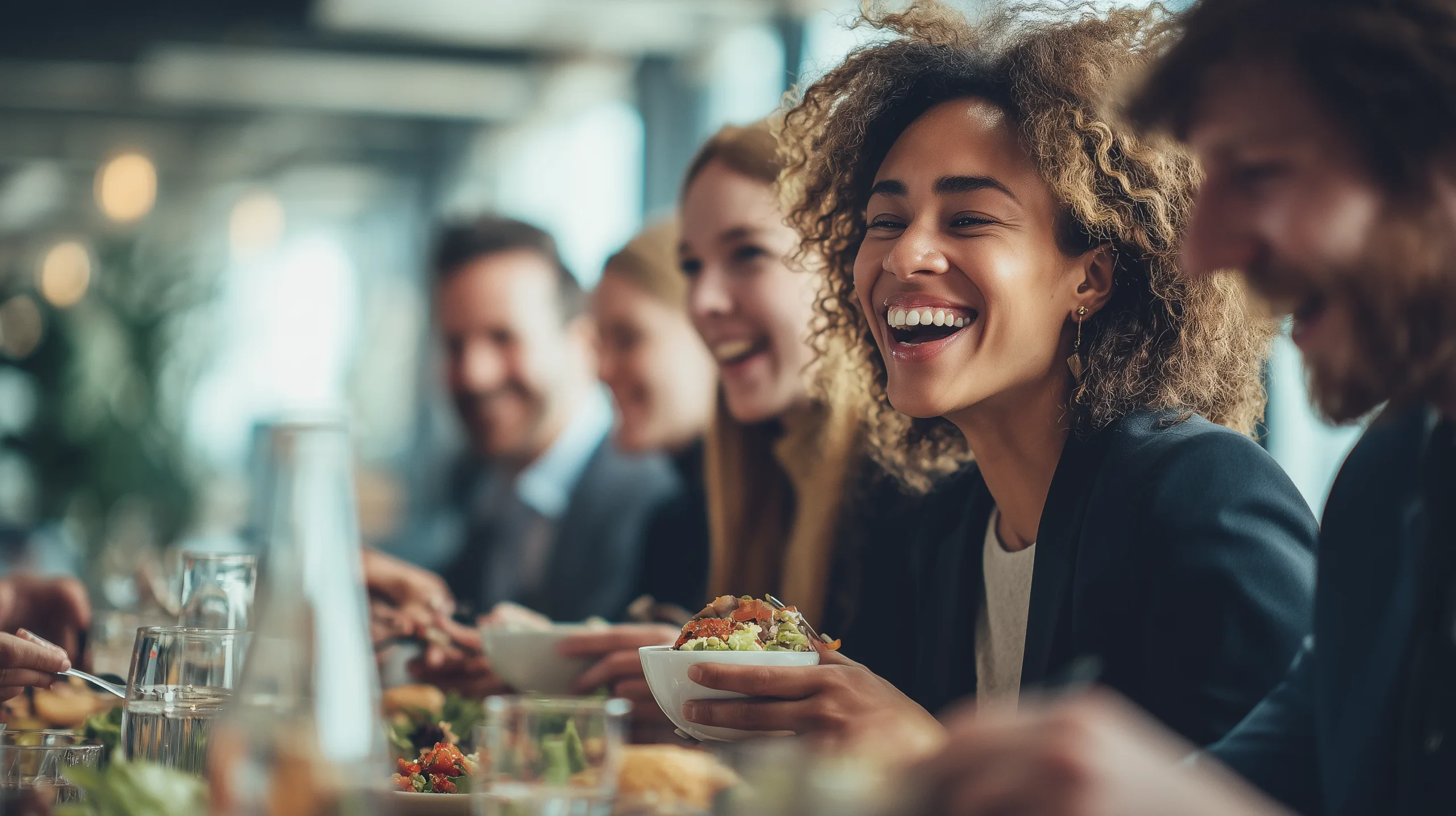 Glückliches Team beim gemeinsamen Mittagessen im Büro mit Kastellino Catering.
