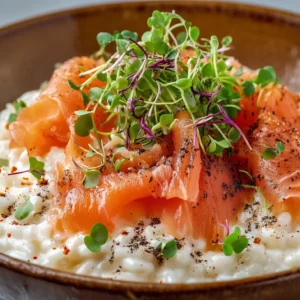 Cremiges Kastellino Risotto mit Räucherlachs und Lauchasche in einer rustikalen Schale.