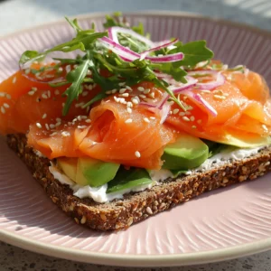 Kastellino Smørrebrød mit Räucherlachs, Avocado und Wildkräutern auf Roggenbrot für das Büro-Catering in Hamburg.