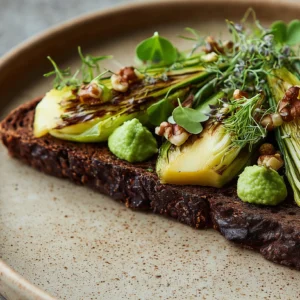 Kastellino Smørrebrød: Roggenbrot mit Butter, gefächertem Miso-Spitzkohl, Lauch und feinen Erbsenguacamole-Tupfern.