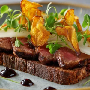 Veganer Planted Steak Toast auf Roggenbrot mit Birne, Gemüsechips und Jus-Gel für das Premium-Catering.
