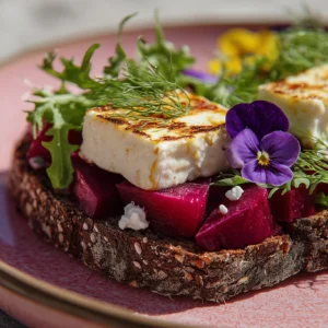 Kastellino Smørrebrød auf pinkem Teller: Karamellisierter Ziegenkäse auf Roter Bete mit frischen Kräutern.