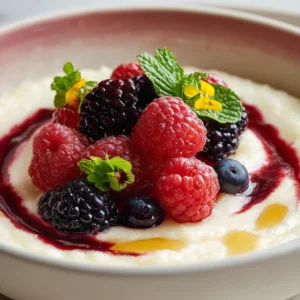 Veganes süßes Risotto von Kastellino mit frischen Waldbeeren, Ahornsirup und minimaler Blütendeko.