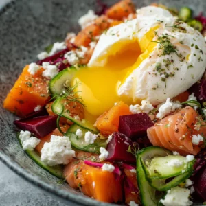 Kastellino Lunch Bowl mit Süßkartoffel, Räucherlachs, Feta und einem angeschnittenen pochierten Ei mit flüssigem Kern.