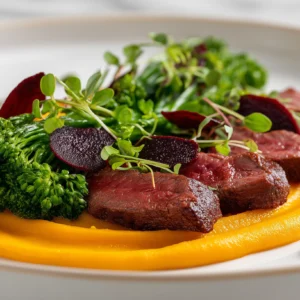 Veganer Hauptgang von Kastellino: Planted Steak Tranchen auf Süßkartoffelpüree mit wildem Brokkoli und Gemüsechips.