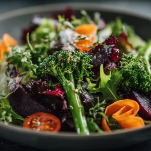 Kastellino Salatbowl mit wildem Brokkoli, Rote Bete Spalten und Karottenbändern.